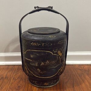 Vintage Bamboo Chinoiserie Early 20th Century Painted Black Gold Wedding Basket